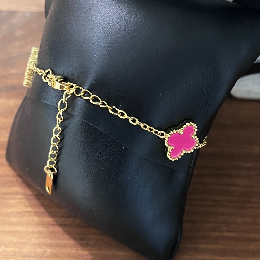 Gold Pink Flower Link Bracelet - Picture 2 of 3